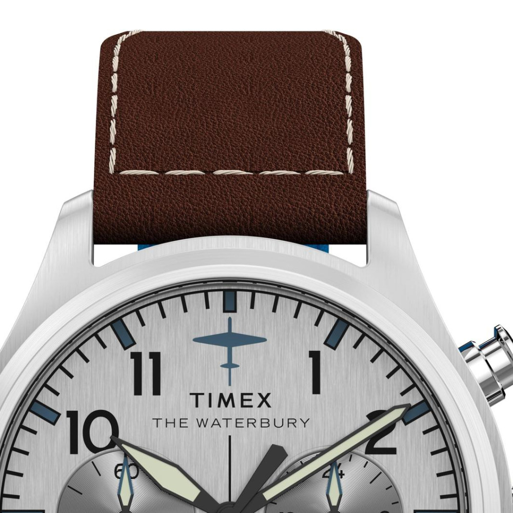 Timex TW2Y38700 Timex x Pan Am® Waterbury Ace Chronograph 41mm Leather Strap Watch - zegarek męski 3