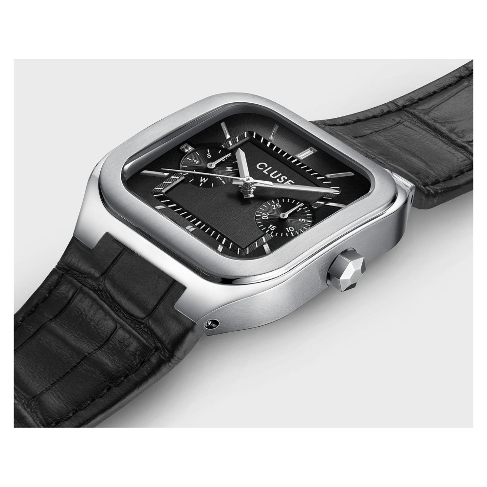 Cluse CW26203 Quadrus Multifunction Leather Black Silver - zegarek męski 7